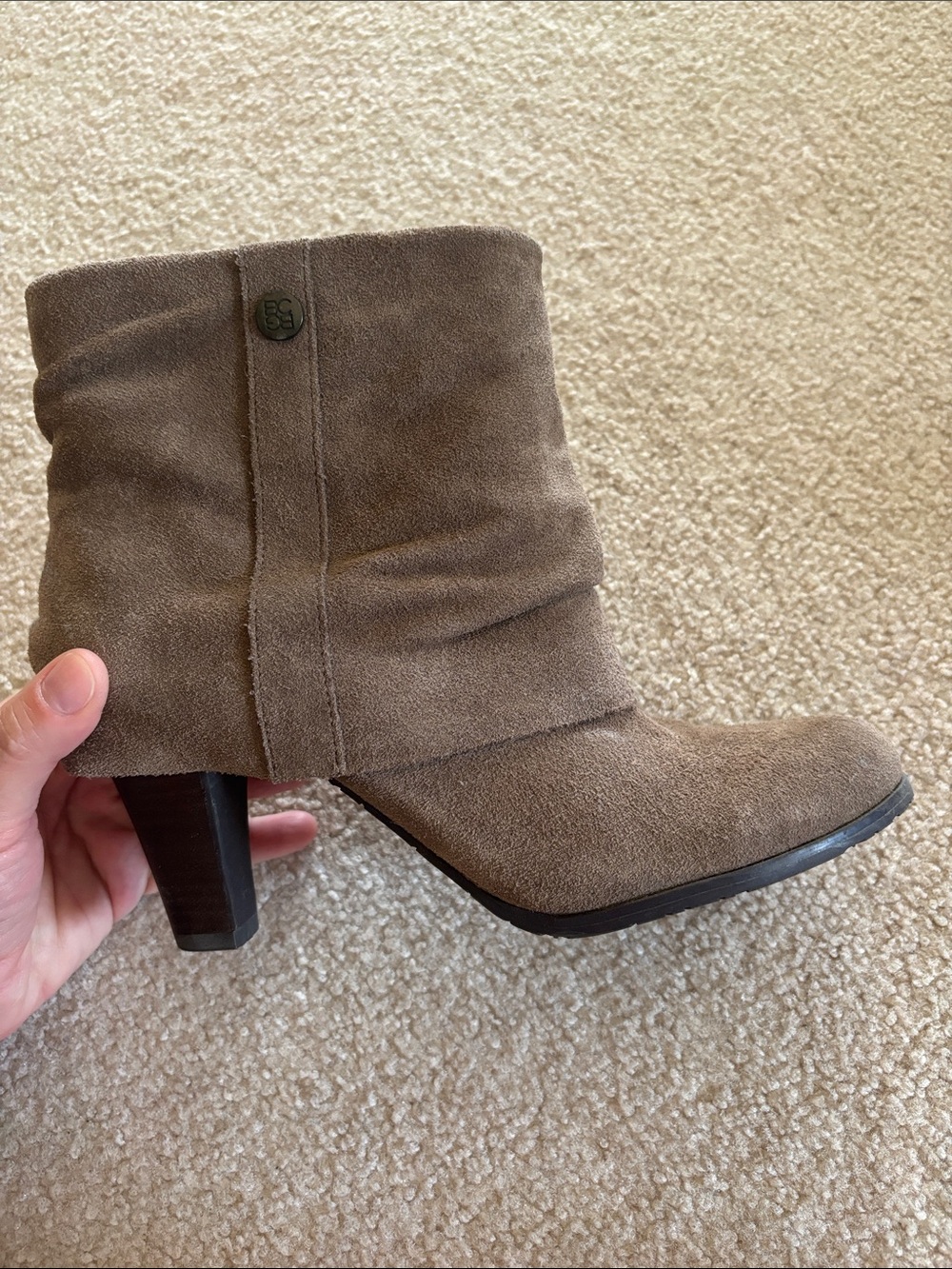 BCBG Paris Taupe Suede Slouch Ankle Boot with Block Heel